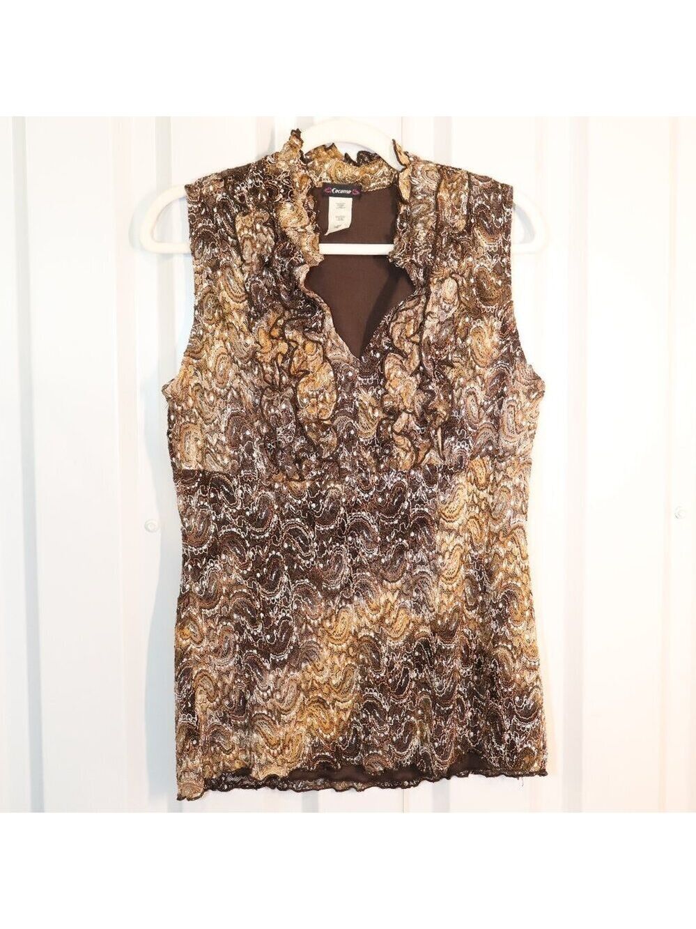 Cocomo Vintage Women's Brown Stretch Lace Babydoll Ruffle Front Top Size Lg Y2K